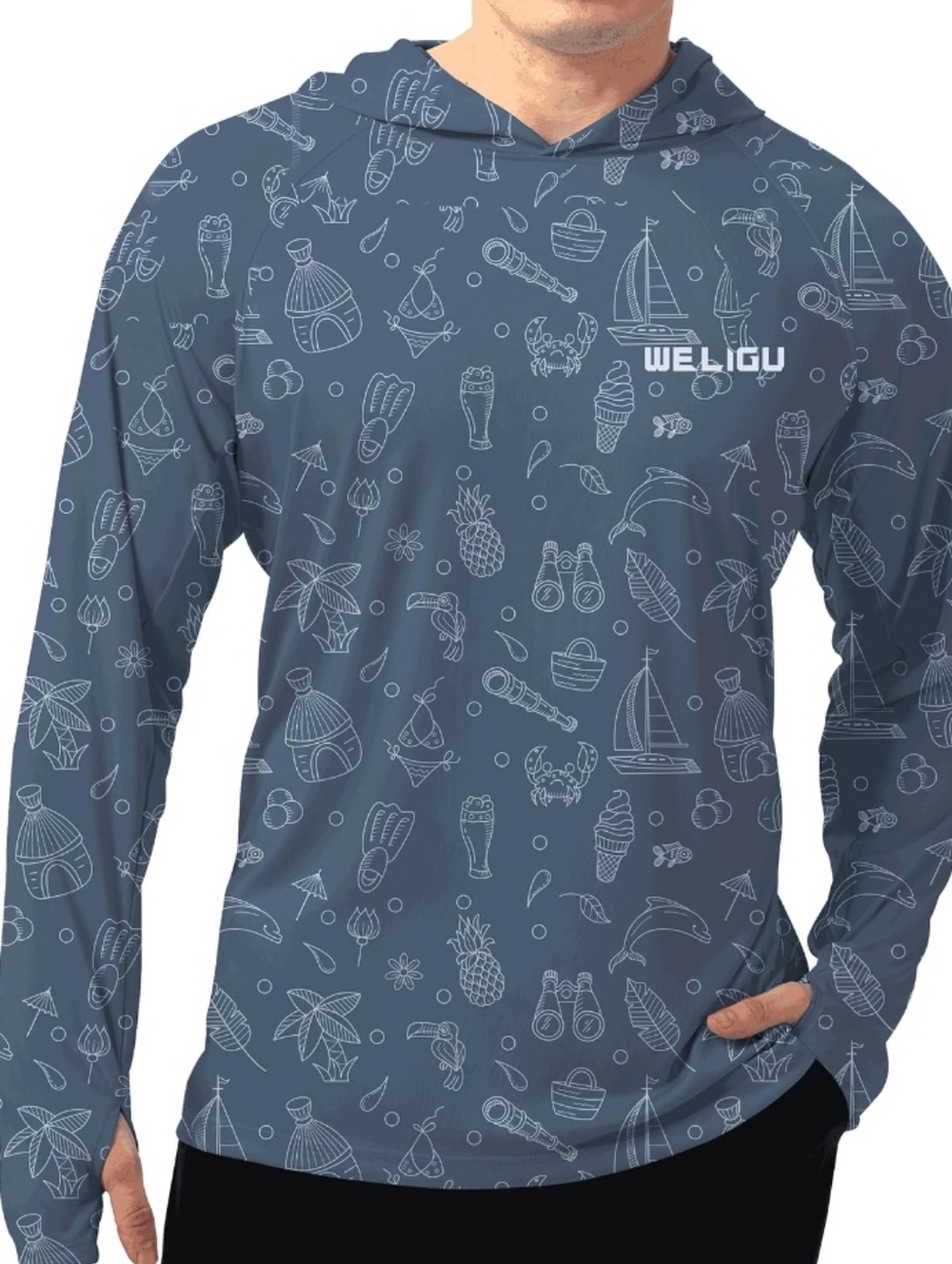 WELIGU Grey Fun Nautical Print UPF 50+ Sun Protection Hoodie Shirt Size 4X NWT